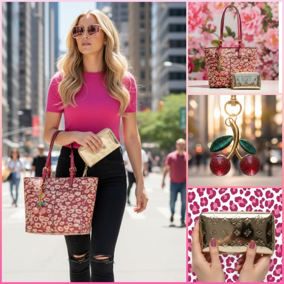 3pc Set:  Michael Kors Jet Set Double Pocket Tote/ MK Wallet/Cherry Bag Charm - Picture 1 of 16
